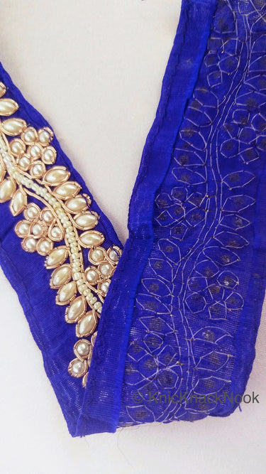 Royal Blue Silk Lace Trim With Floral Hand Embroidery And White Beads, Approx. 38mm, Decorative Trim Costume Trim Indian Border
